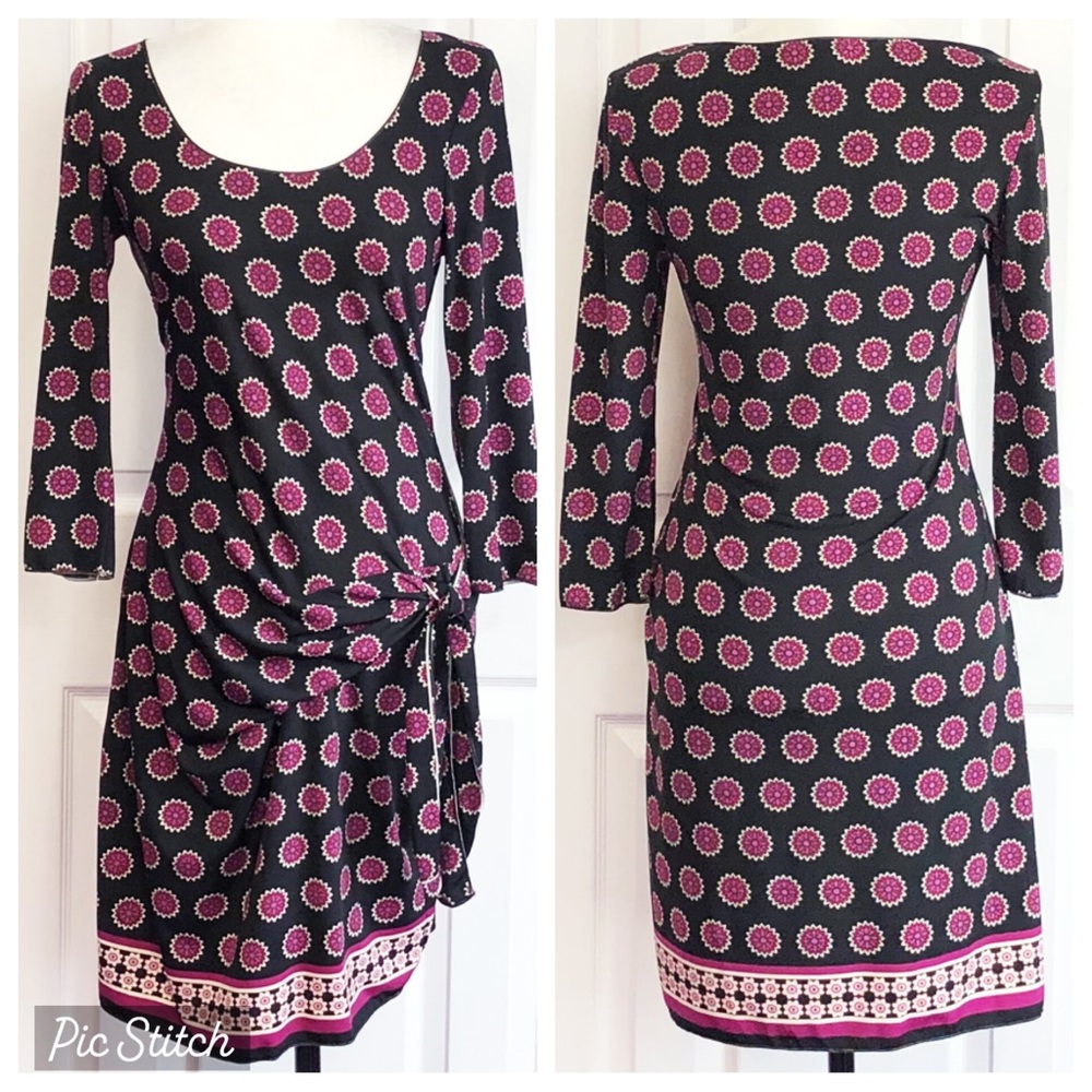Max Studio Black & Purple Print Side Tie Bodycon Sheath Dress Medium